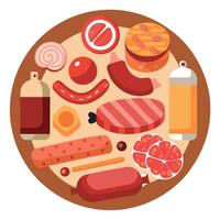Assortment of cold meats. variety of processed cold meat products. On a wooden background. Top view. vector