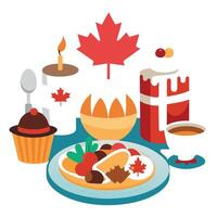 Christmas table with a variety of traditional Canadian dishes such as pudding. bacon. poutine. flags vector