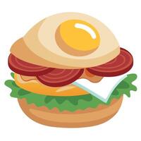 Gourmet breakfast sandwich with fried egg. bacon. and sausage on a toasted bun. garnished with fresh vector