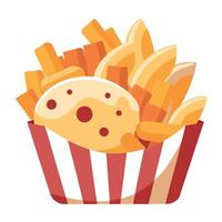 Cheesy fries with melted cheddar and bacon bits. served in a vintage basket with a side of sour crea vector