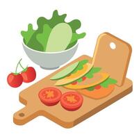 A cutting board with a sandwich containing carrots. lettuce. and cucumbers next to a bowl of tomatoe vector