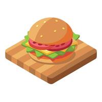 Handmade burger with meat. cheese. salad. sauce and bread on wooden board. close-up. selective focus vector