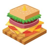 Delicious layered sandwich with fresh ingredients. served with crispy fries on a rustic wooden table vector