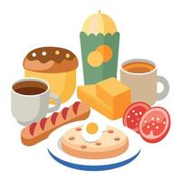 A traditional German breakfast with assorted cold cuts. cheeses. bread rolls. and a soft-boiled egg. vector