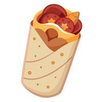 Delicious breakfast burrito filled with eggs. potatoes. bacon. and sausage. wrapped in a grilled tor vector