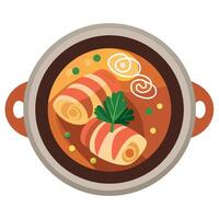 German pork roulades with vegetables and bacon cooked slowly with spicy gravy in a pot viewing from vector