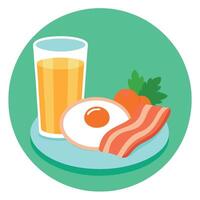 A plate of bacon and egg with parsley on top. The plate is on a table next to a glass of orange juic vector