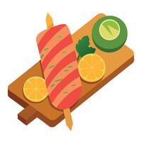 Grilled bacon wrapped corn on a stylish serving board accompanied by lime wedges and a dipping sauce vector