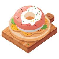 Close-up of a Savory Bacon and Egg Bagel with Sesame Seeds on Wooden Board. bagel. bacon. egg. break vector