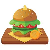 A hamburger with a pickle spear on top of it. The burger is on a wooden table with a few chips and a vector