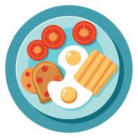 Delicious breakfast with crispy bacon. fried eggs. toast. tomatoes. and a croissant on a white plate vector