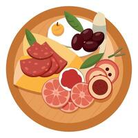 A platter of charcuterie featuring cured meats. sliced prosciutto. salami. and a selection of olives vector