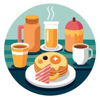 Cozy breakfast with pancakes. croissants. bacon. coffee. and orange juice on a rustic table setting. vector