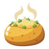 A close-up of a loaded baked potato with sour cream. cheese. and chives. steaming hot and ready to e vector