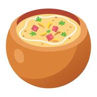 Delicious creamy soup served in a bread bowl. topped with bacon and chives. perfect for a comforting vector