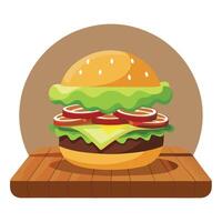 Delicious Gourmet Burger with Bacon. Avocado. and Special Sauce on Rustic Wooden Table for Menu Cove vector
