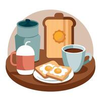 Classic english breakfast with tea and milk in a charming rustic wooden themed setting vector