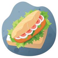 Ciabatta sandwich with prosciutto mozzarella romaine salad on stone background top view vector