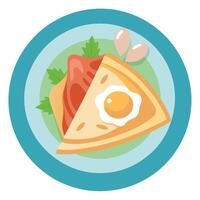 A savory French crape with ham. cheese. and a fried egg. served on a decorative plate. vector