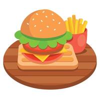 Burger with tomatoes lettuce and pickles on a wooden plate and fries at the back vector