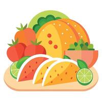 A collection of tacos on a table. accompanied by a heap of sliced fruits and vegetables vector