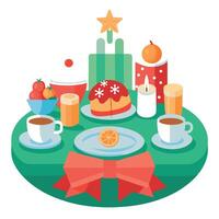 A close-up of a beautifully arranged Christmas breakfast table. vector