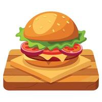 Close-up of delicious cheeseburger with bacon lettuce and tomato on wooden board vector