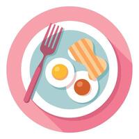 A pink plate on A white tablecloth with cutlery. Two fried eggs and bacon. vector