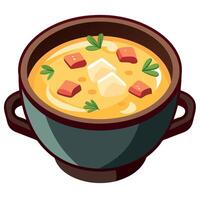 A hearty potato soup with chunks of potato. bacon. and cheese. served in a rustic bowl. vector