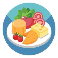 A breakfast platter with assorted cheeses. meats. and fresh fruit on a clean background vector