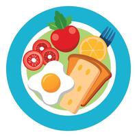 A classic breakfast plate with scrambled eggs. bacon. toast. and a side of fresh fruit. vector