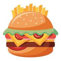 Bacon and sauteed onions enhance a cheeseburger. accompanied by seasoned French fries. vector