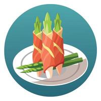 Delicious asparagus in a crispy prosciutto wrapper in a plate on the table. copy space vector