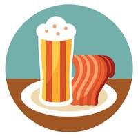 A plate of crispy bacon sits next to a glass of foamy beer on a wooden table vector