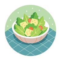 Delicious caesar salad on a slate plate against a patterned gift wrap paper background vector
