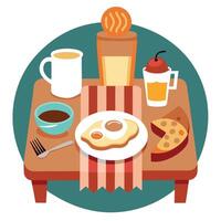 A rustic farmhouse breakfast table with a hearty spread of scrambled eggs. bacon. toast vector
