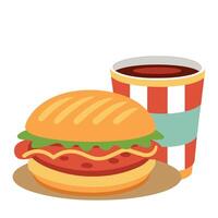Bacon sandwich with ketchup red sauce in a bread english bun with coffee cup vector