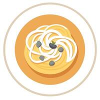 Creamy-cheese-mushroom sauce on spagetti in in the middle A white plate with. top view vector