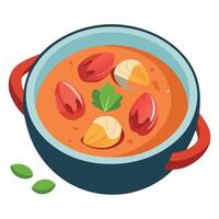 Close up of a tomato clam chowder soup with shellfish and bacon in a bowl on the table vector