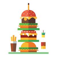Gourmet burger tower with a selection of beers. surrounded by fries and dipping sauces vector