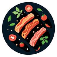 Fresh bacon slices arranged with herbs. spices. and tomatoes on black slate background vector