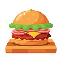 Delicious homemade beef burger with bacon and vegetables on wood serving board. image vector