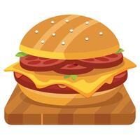 Close-up of delicious cheeseburger with crispy bacon and melted cheese on wooden board vector