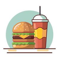 Burger And Shake. Double Cheeseburger with Cheese. Beef Patty. Onion. Lettuce on Table vector