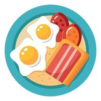 A plate of fried eggs. crispy bacon. and toasted bread with a pat of butter. vector