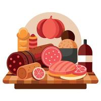 A variety of meats are displayed on a wooden table. including sausage. ham. and salami vector