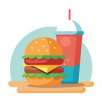 Burger And Shake. Double Cheeseburger with Tomato. Onion and Beef Patty on Table vector