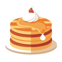 A tower of fluffy pancakes topped with mapleglazed bacon and a dollop of whipped cream. vector