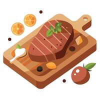 Cooked grilled beef steak with potatoes and spices on a wooden cutting board vector