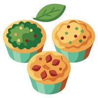 Frozen mini quiches with assorted fillings like spinach. bacon. and cheese. vector